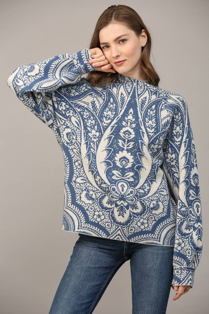 Eliza Jacquard Knit Mock Neck Sweater