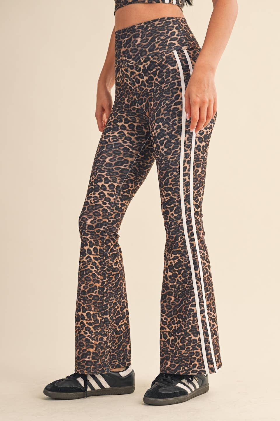 Leopard Print High Waist Flare Pants with Side Stripe