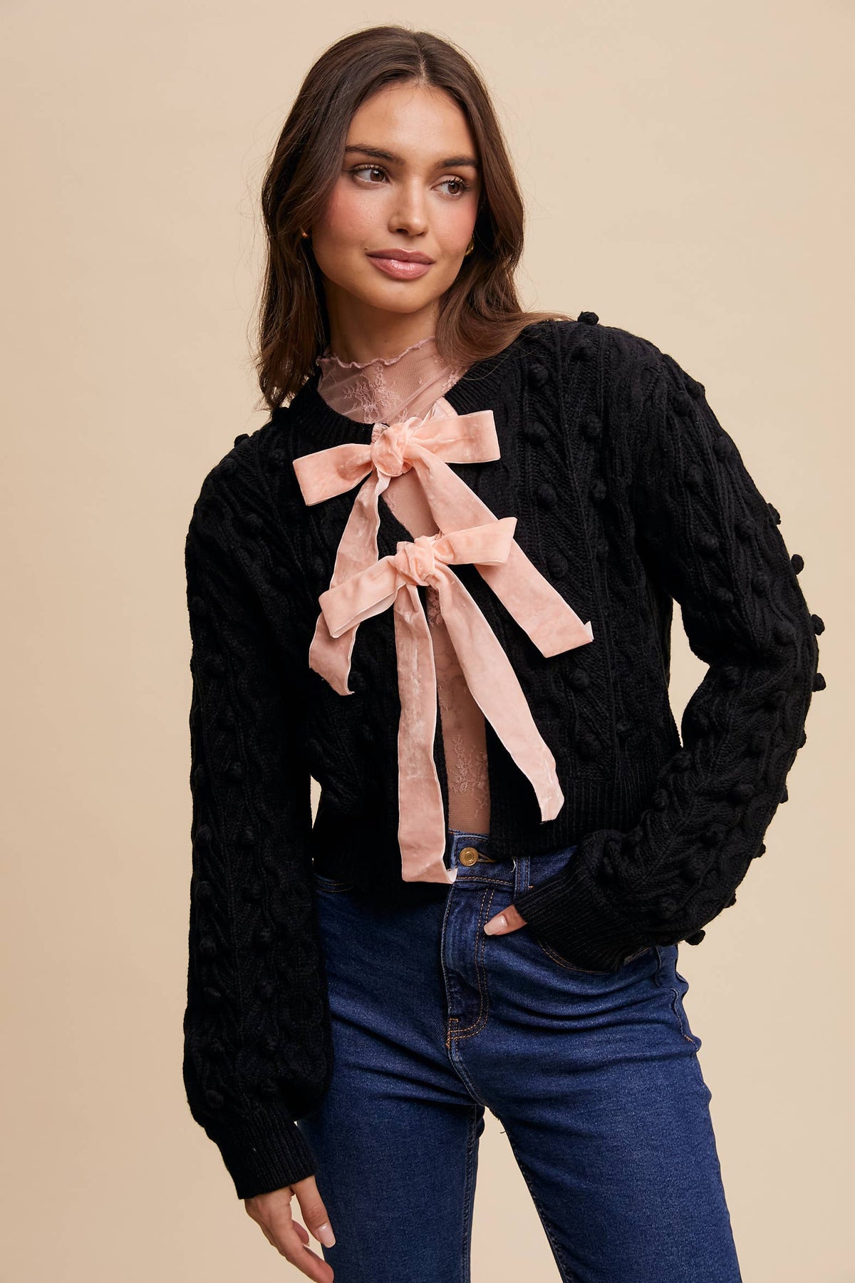 Pom Cable Knit Tie Cardigan