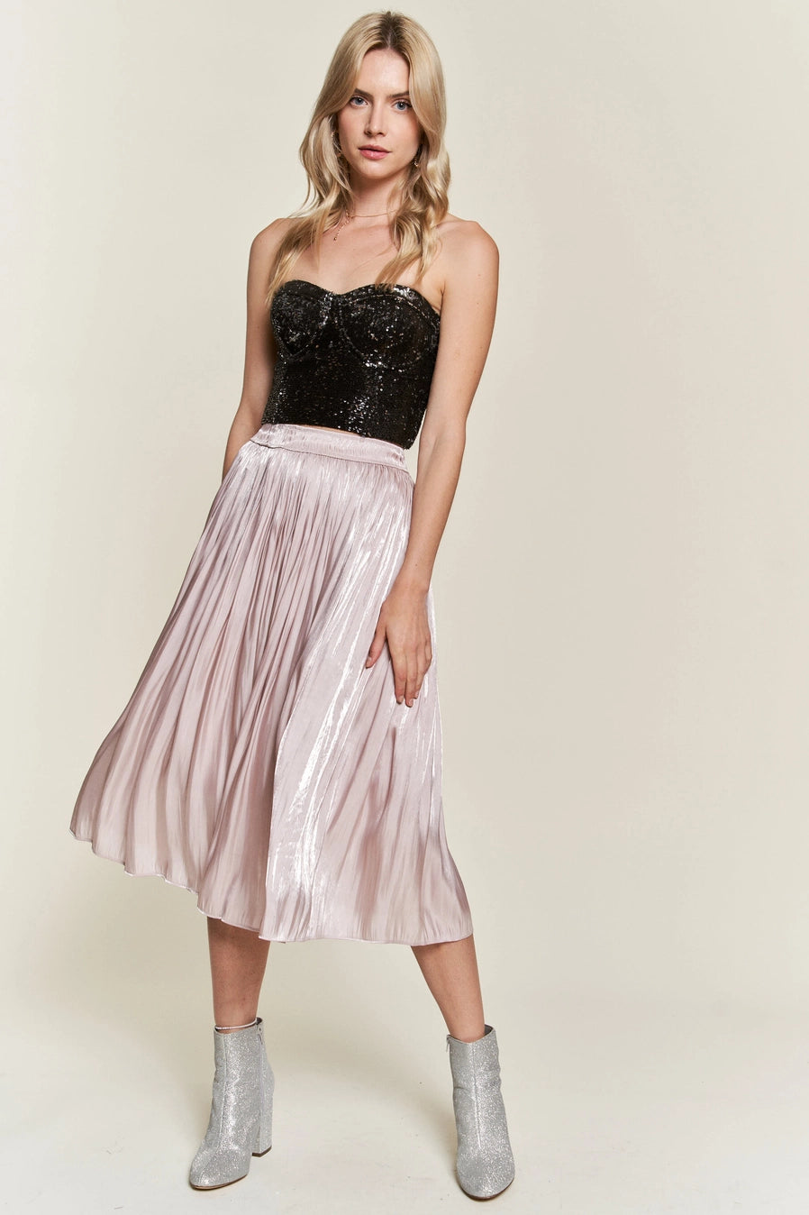 Metallic Pleated Midi Skirt