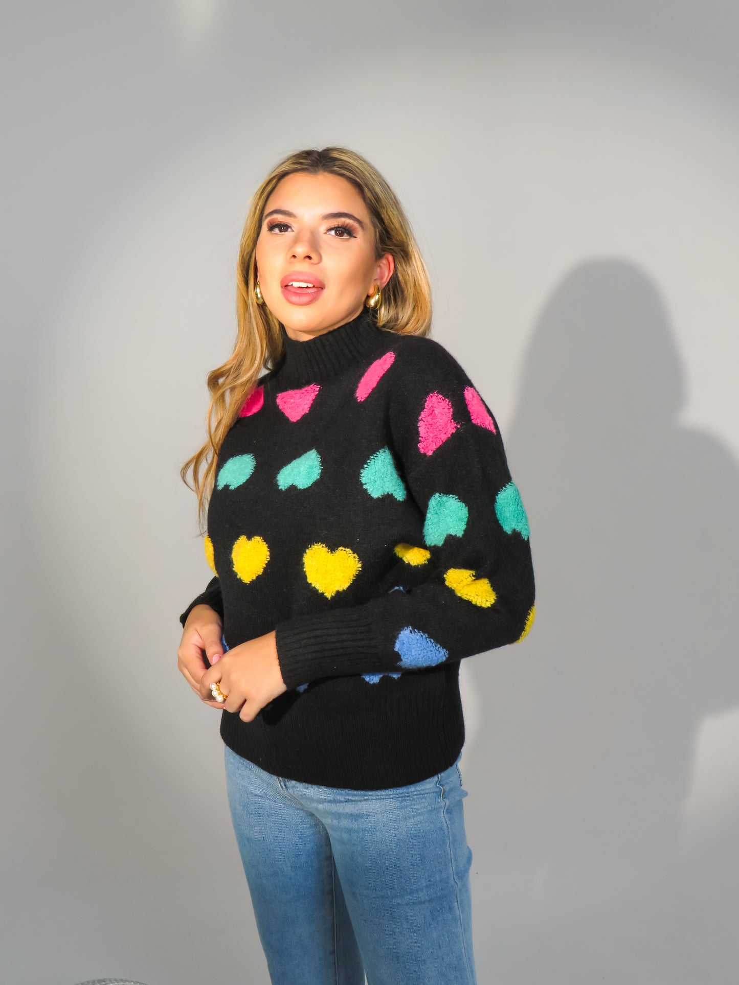 Multi Color Heart Mock Neck Sweater