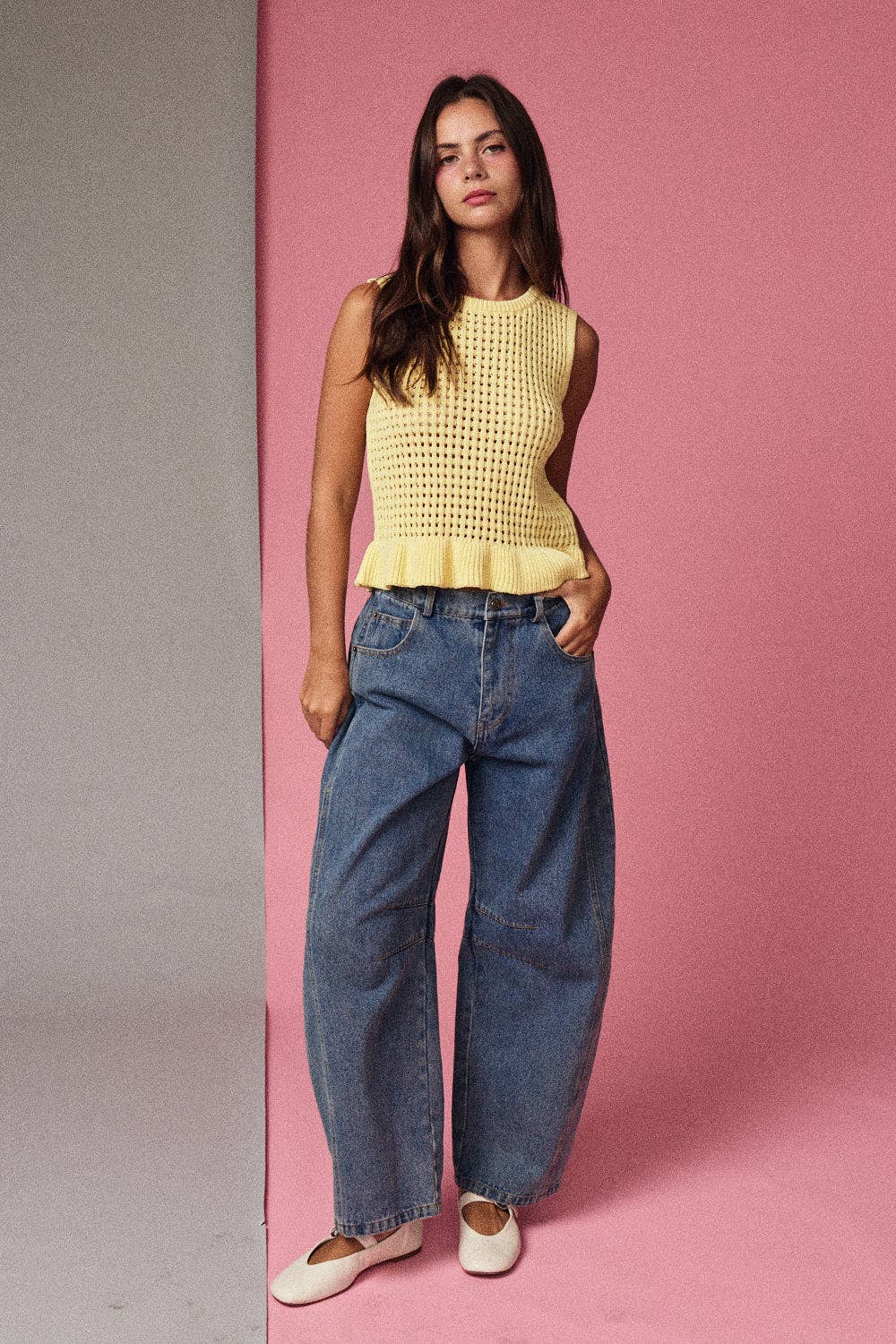 Butter Yellow Open Knit Peplum Top