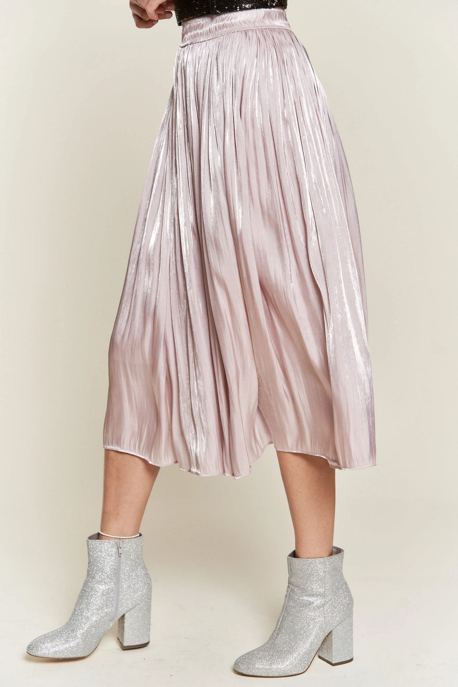 Metallic Pleated Midi Skirt