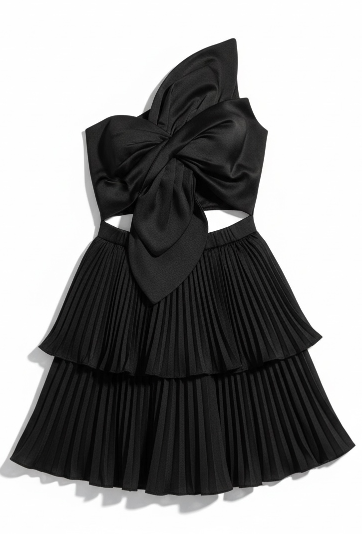 Knotted Flower Satin Pleated Mini Dress