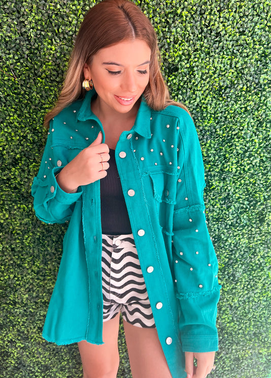 Paint the Town Teal Studded Shacket