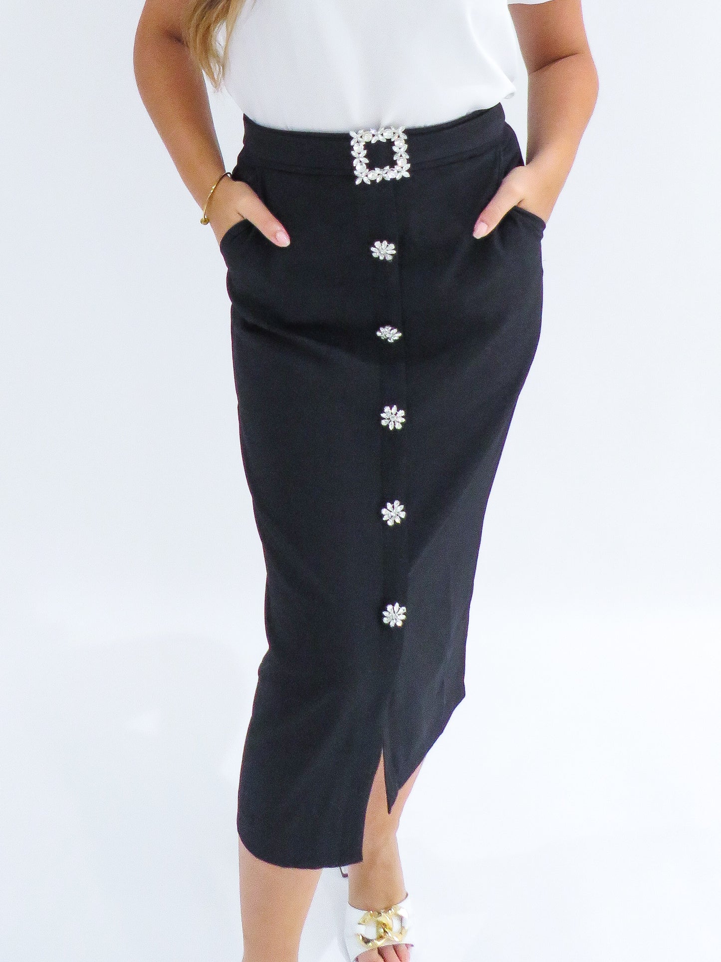 Rhinestone Button Down Midi Skirt