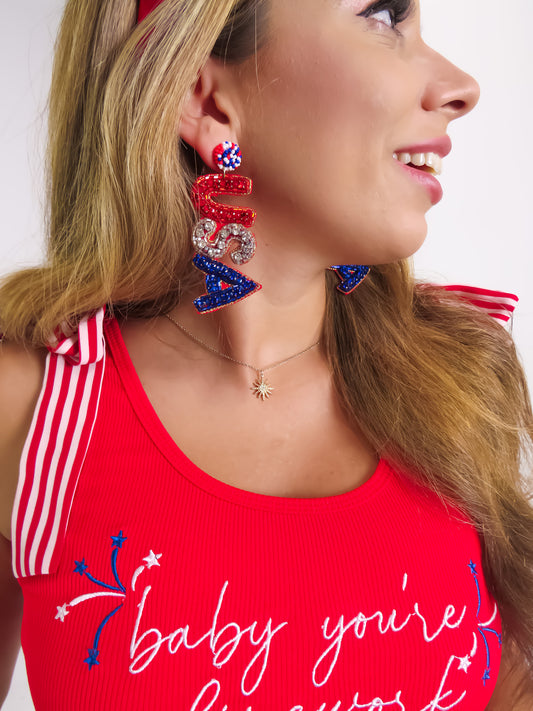 Jeweled Patriotic USA Lettering Beaded Earrings