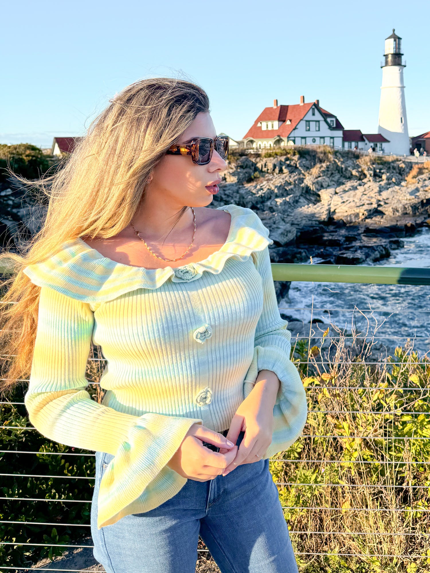 Blue Mojito Off the Shoulder Sweater