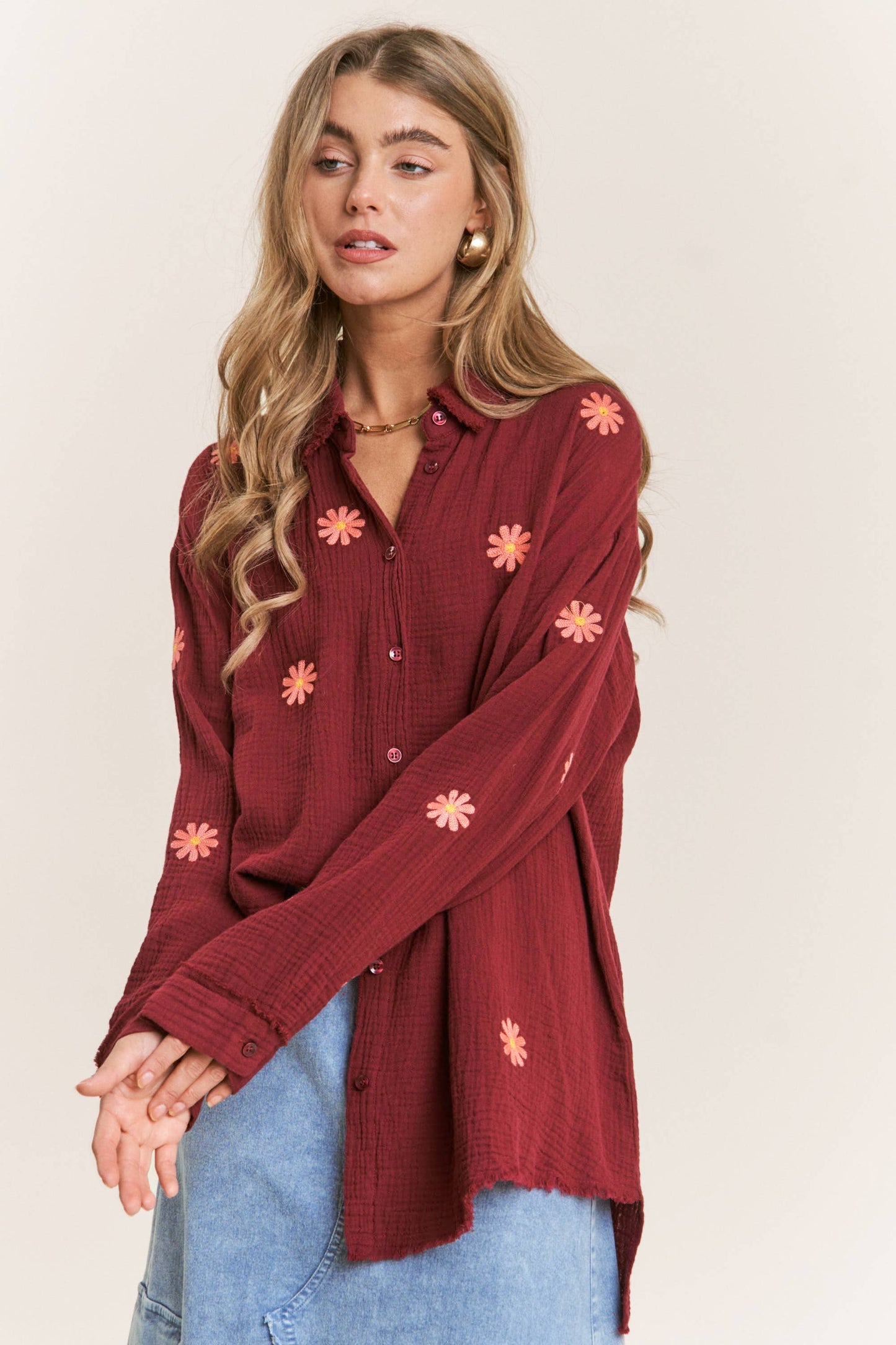 Autumn Daisy Gauze Embroidered Top