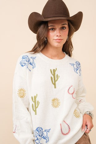 Cowgirl Motif Embroidered Sweater