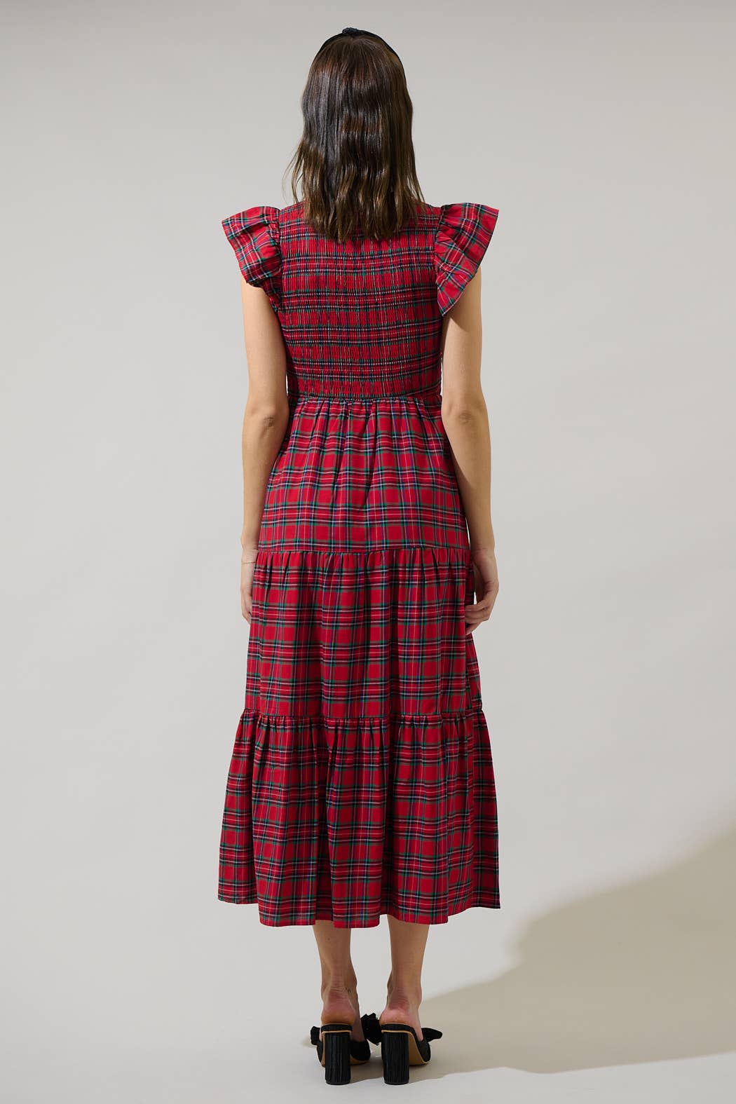 Yuletide Plaid Smocked Tiered Midi Dress