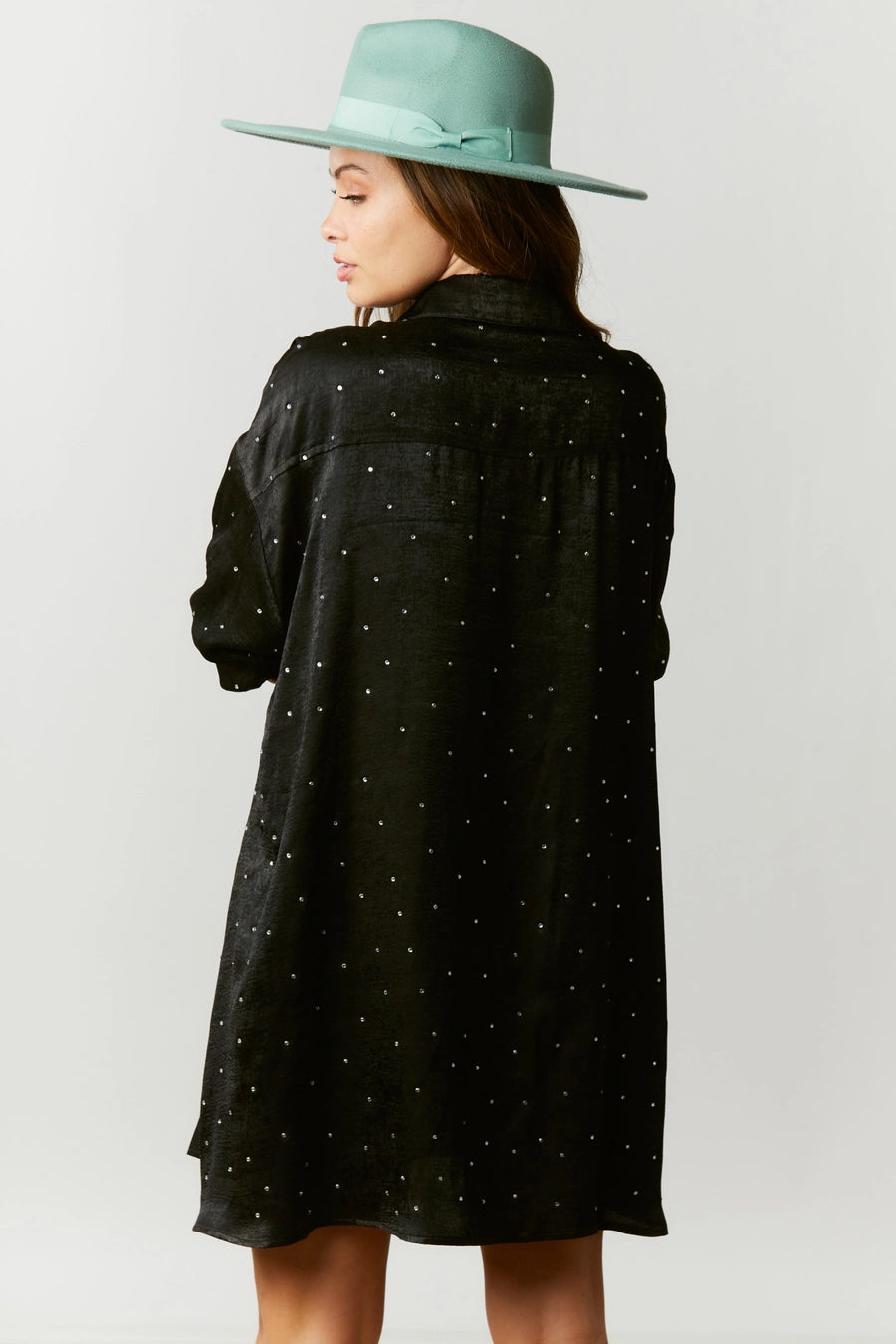 Midnight Sky Rhinestone Satin Shirt Dress