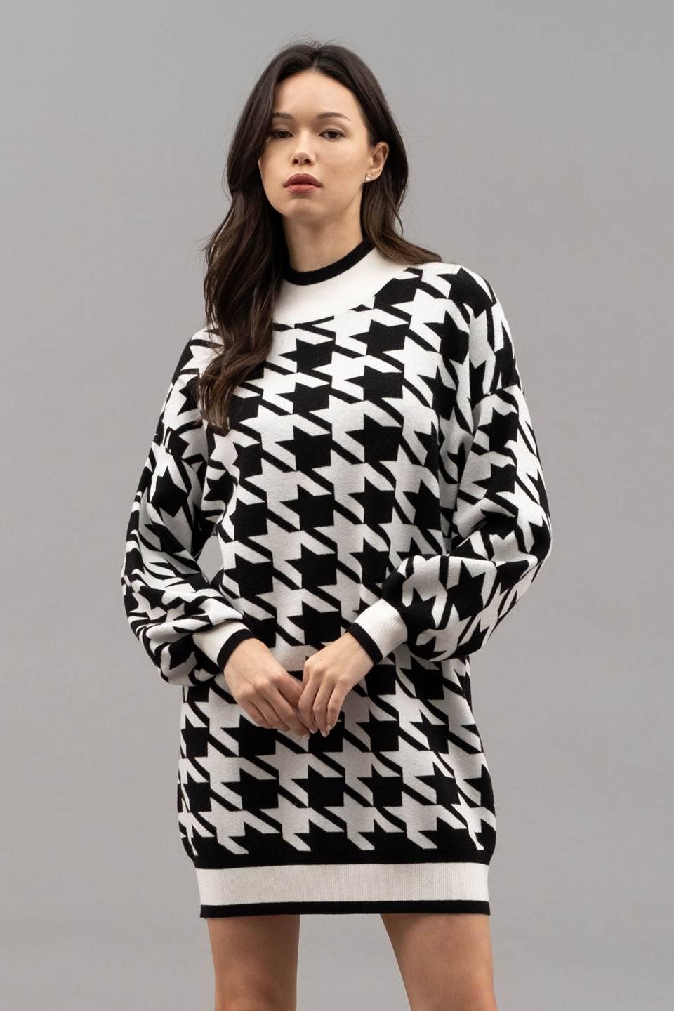 Mockneck Houndstooth Sweater Dress