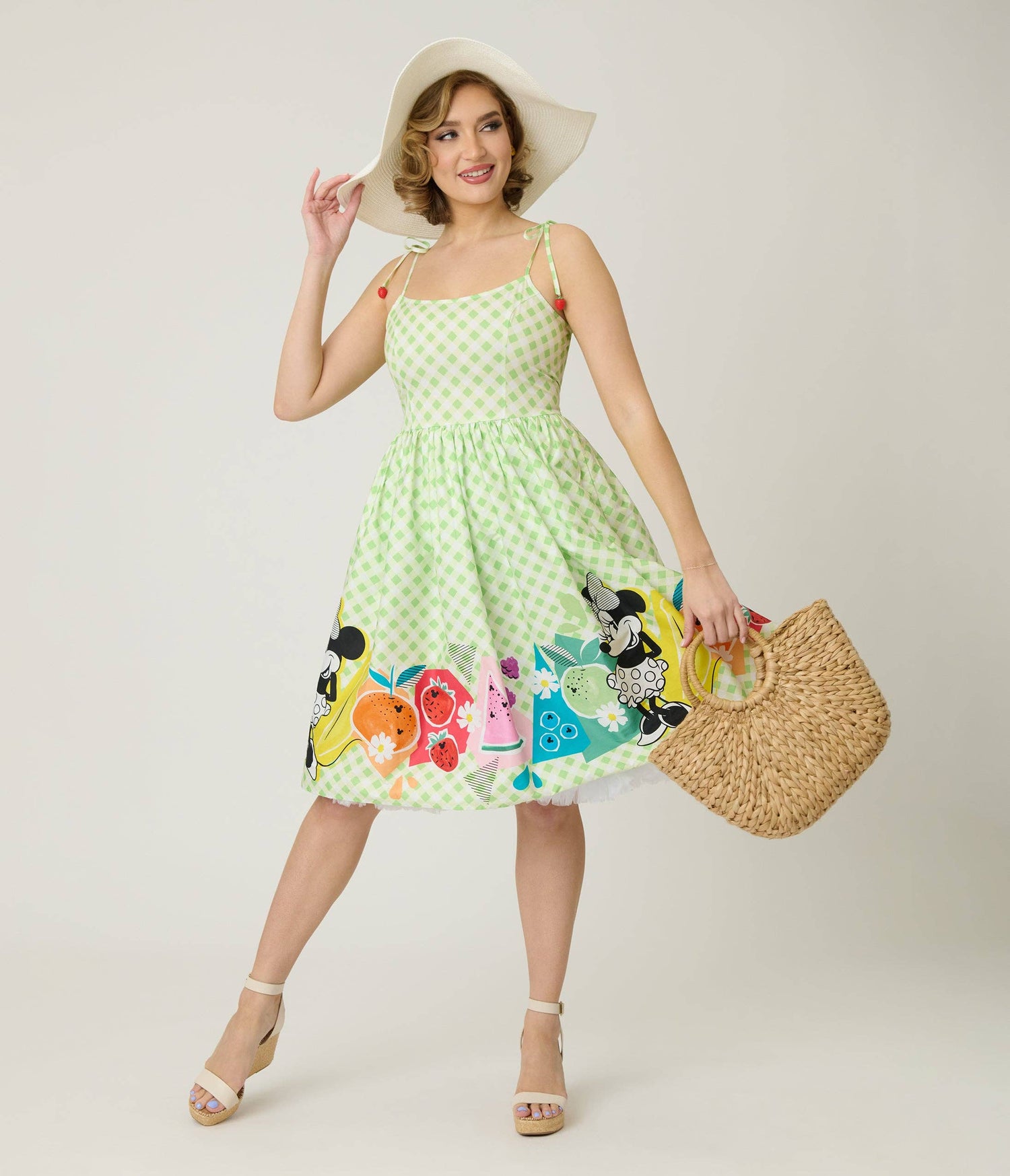 Disney Food Collection by Unique Vintage Green Gingham Mickey Fruit Salad Swing Dress