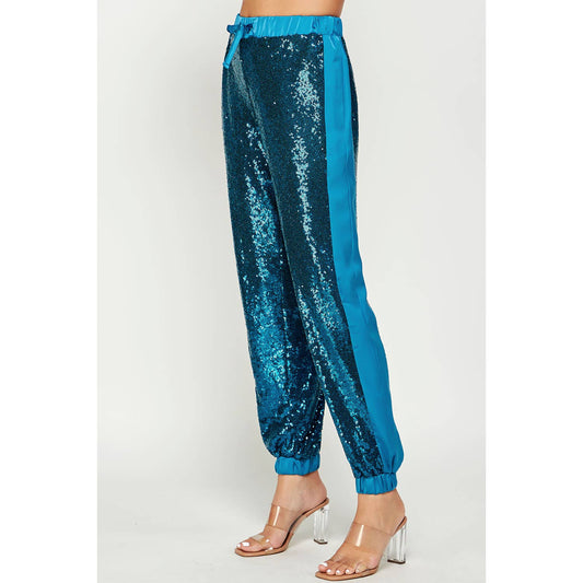 Teal Feel Sequin & Satin Joggers