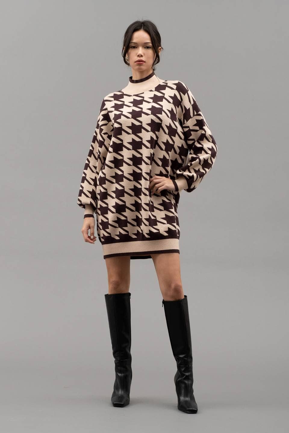 Mockneck Houndstooth Sweater Dress