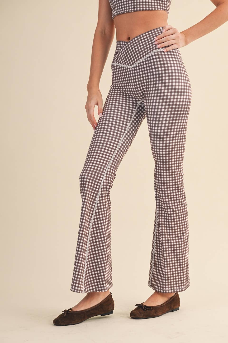 Gingham Print High Waist Crossover Flare Legging