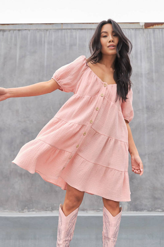 Solid Gauze Balloon Sleeve Tiered Mini Dress