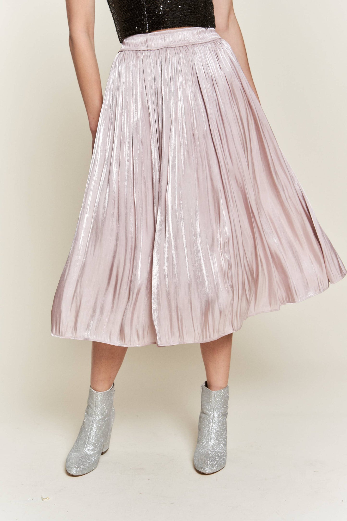 Metallic Pleated Midi Skirt