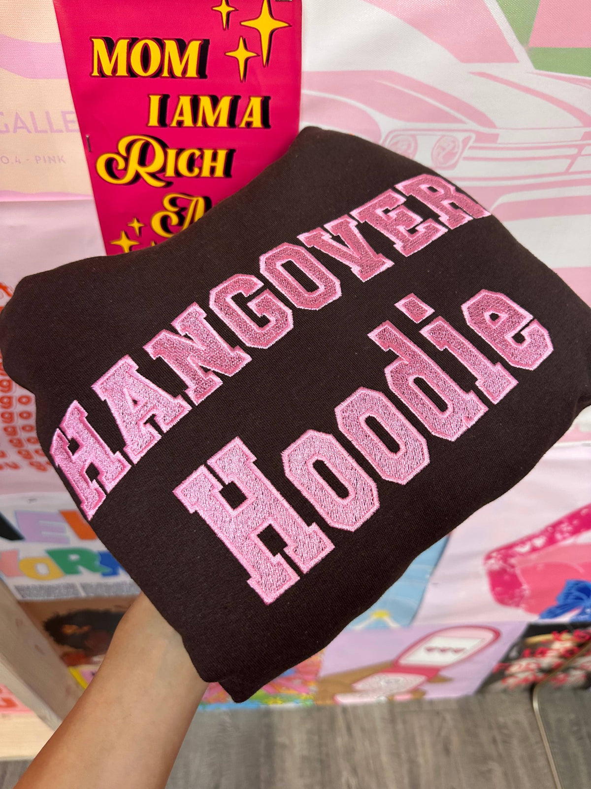 Hangover Hoodie-embroidery Brown With Pink