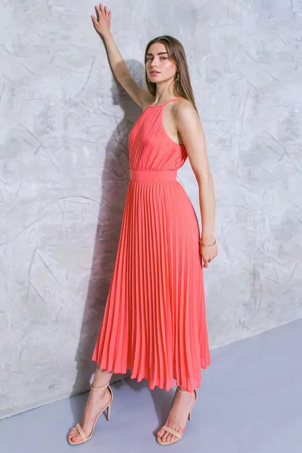 Coral Dreams High Neck Pleated Midi Dress