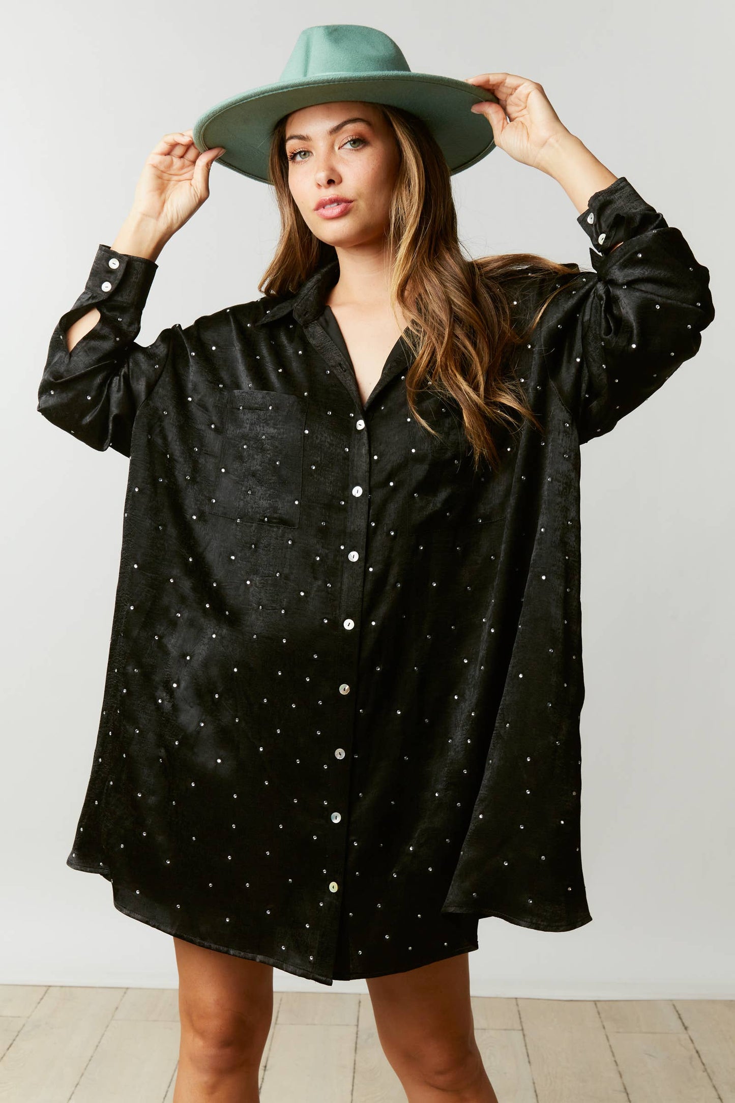 Midnight Sky Rhinestone Satin Shirt Dress