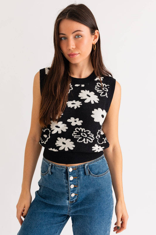 B&W Blooms Floral Sweater Vest