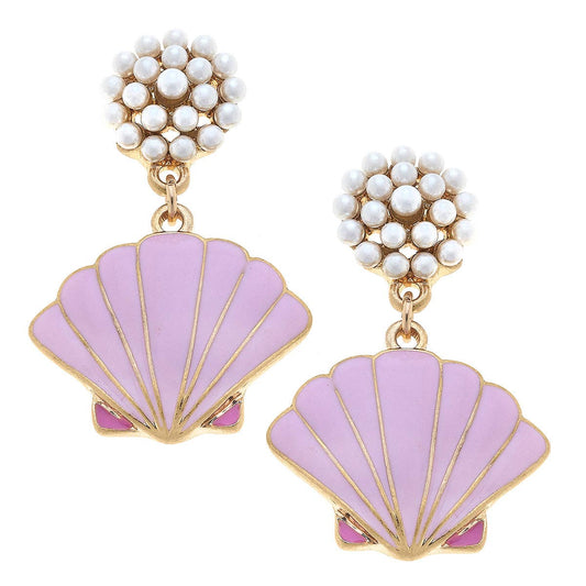 Enamel Scallop Shell Pearl Cluster Drop Earring