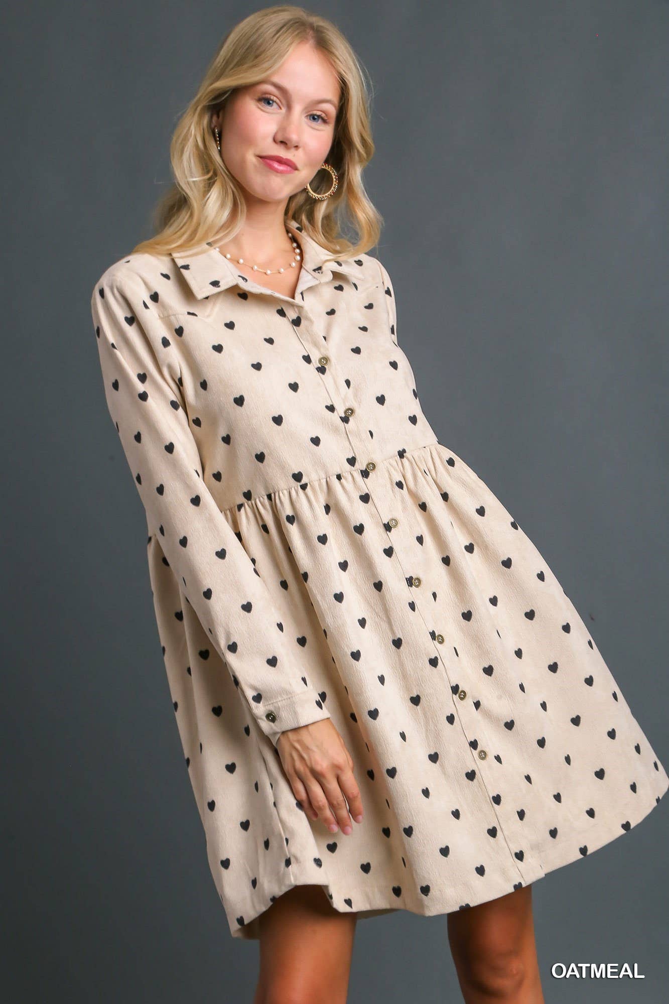 Heart Dot Corduroy Button Up Dress