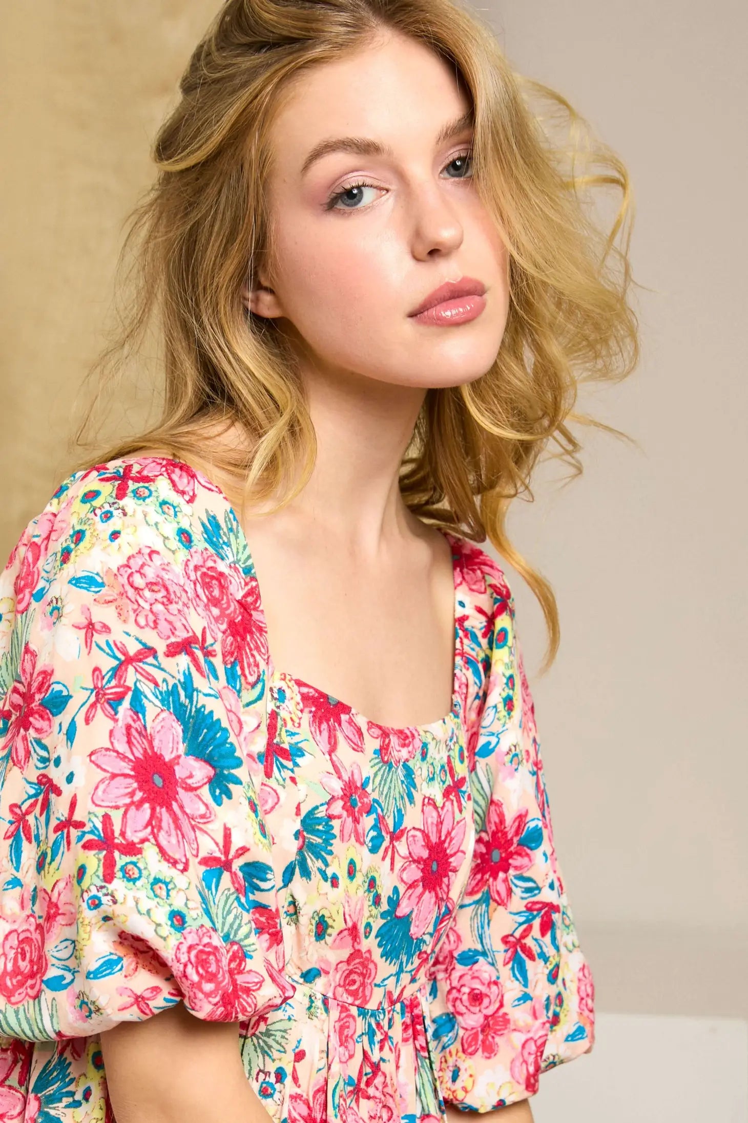 Pink Floral Mini Dress With Square Neck