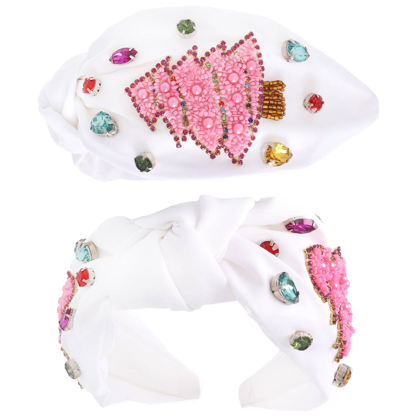 Jeweled Christmas Tree Beaded Knotted Headband: White