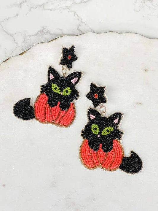 Pumpkin Black Cat Beaded Dangle Earrings