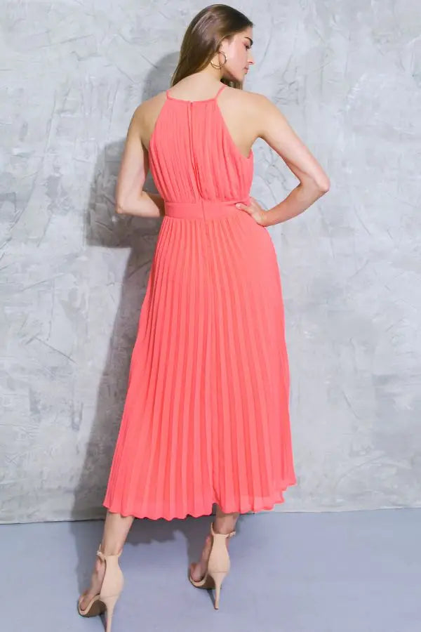 Coral Dreams High Neck Pleated Midi Dress