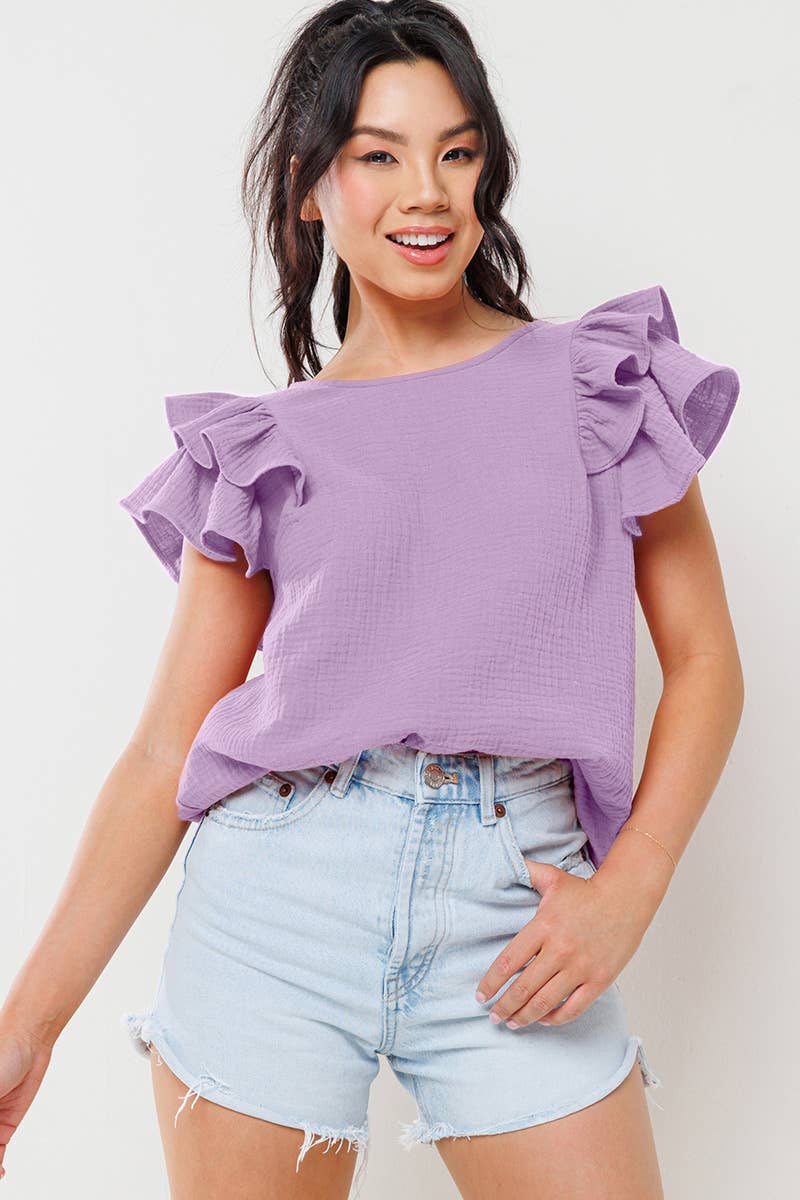 Purple Gauze Ruffle Sleeve Top