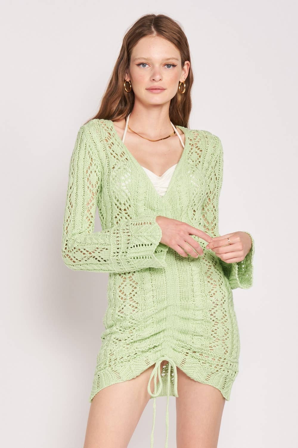 Ruched Long Sleeve Crochet Mini Dress