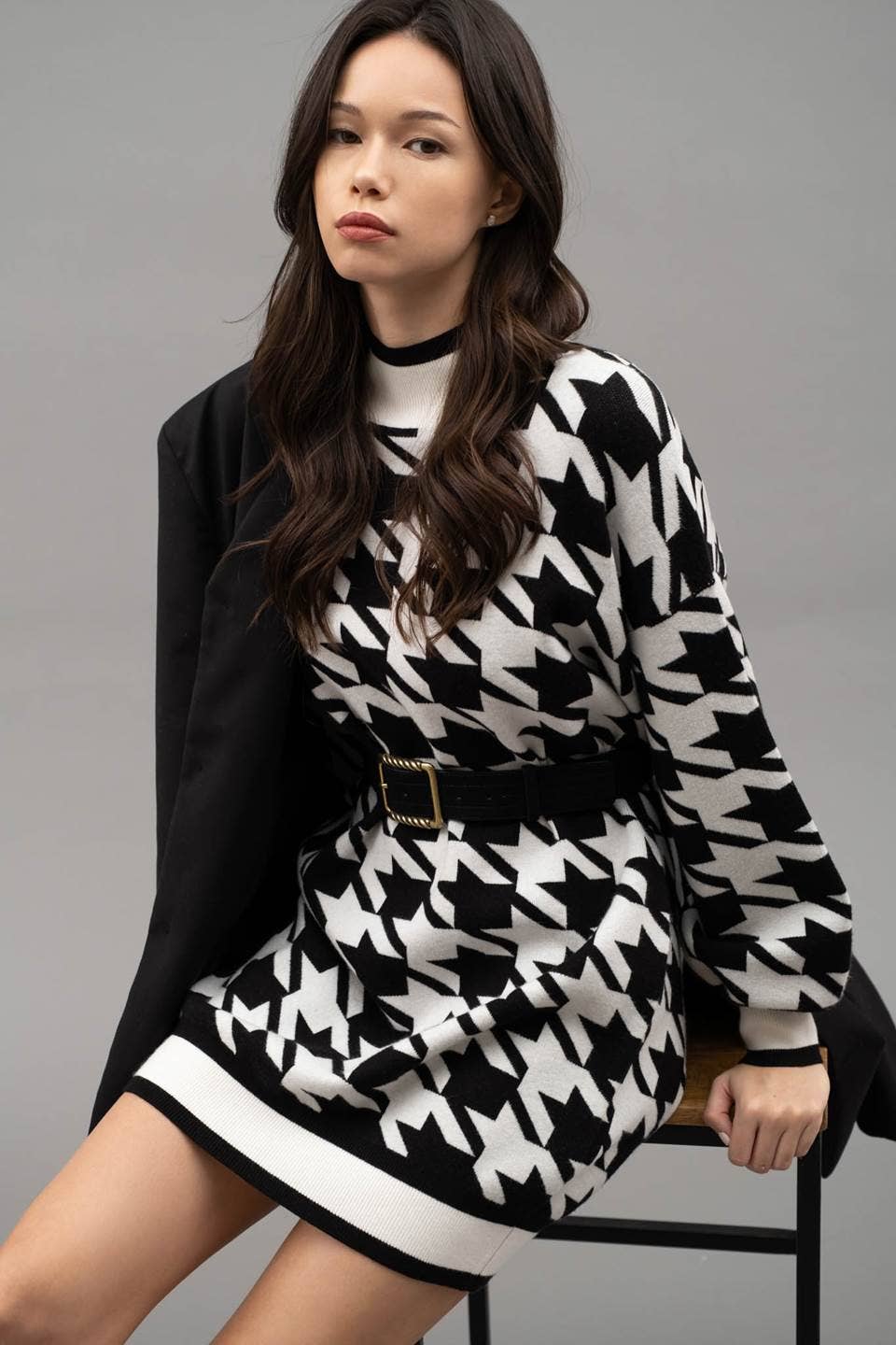 Mockneck Houndstooth Sweater Dress