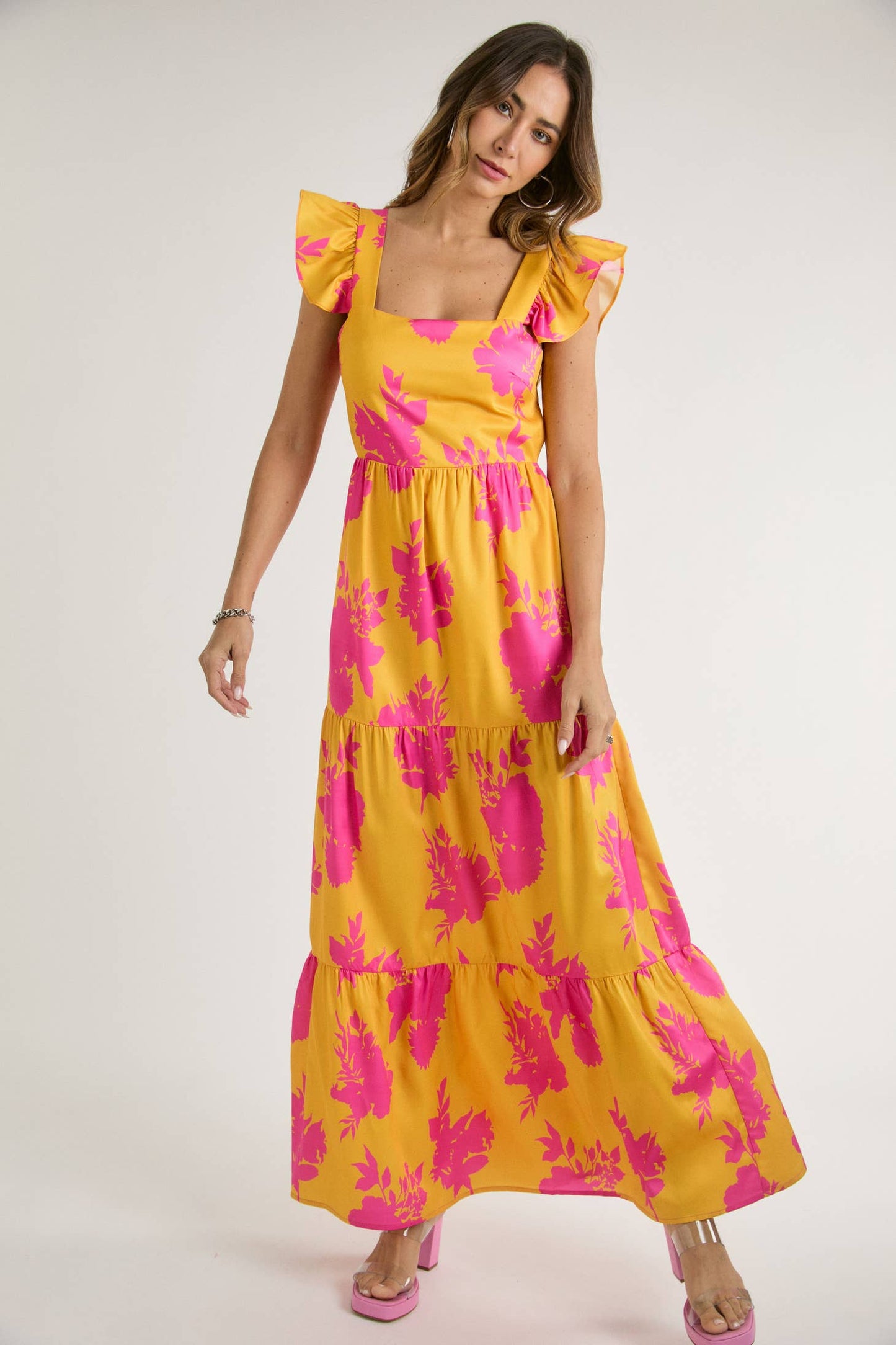 Floral Print Ruffle Short Sleeve Maxi Dress