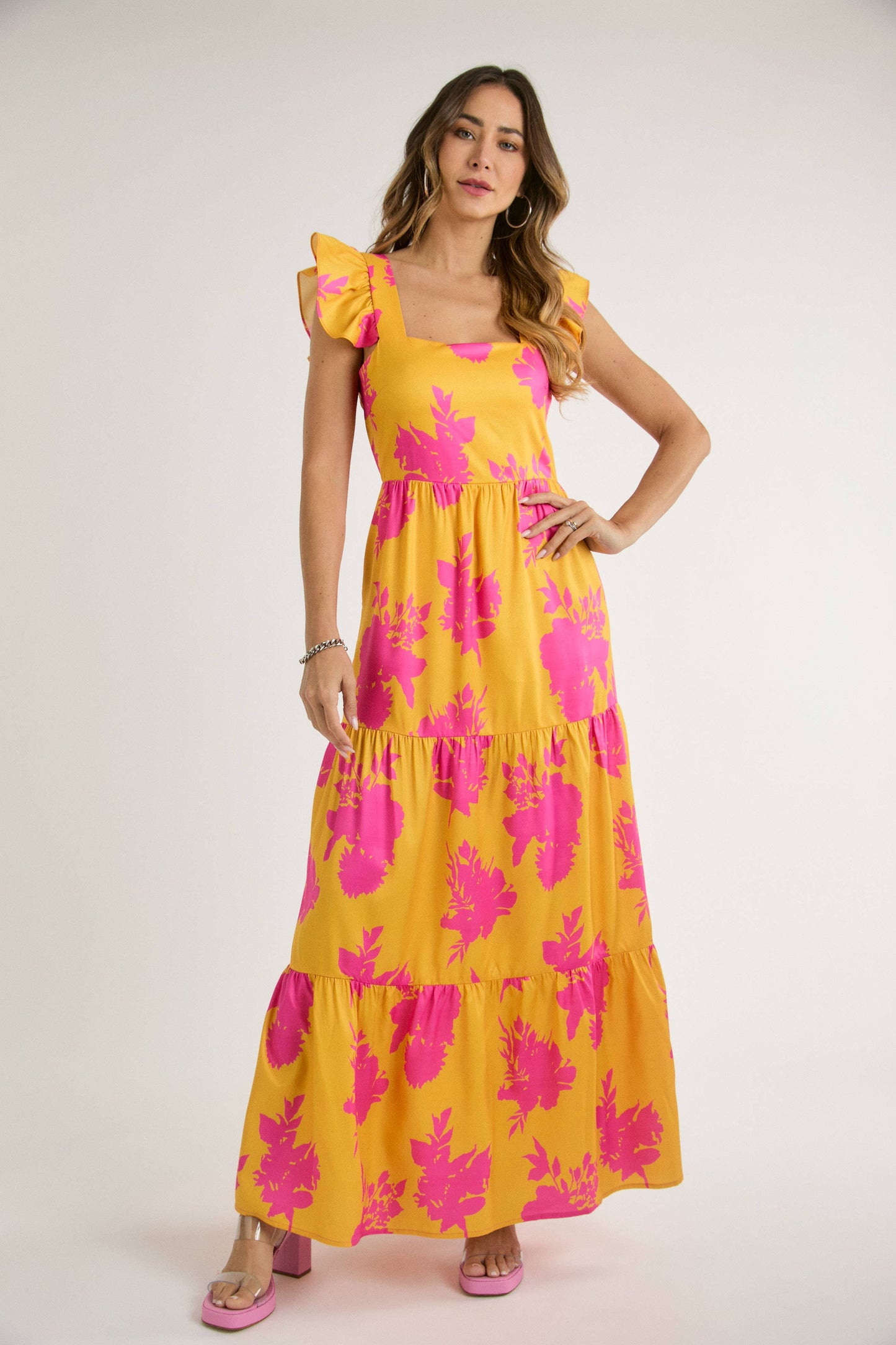 Floral Print Ruffle Short Sleeve Maxi Dress