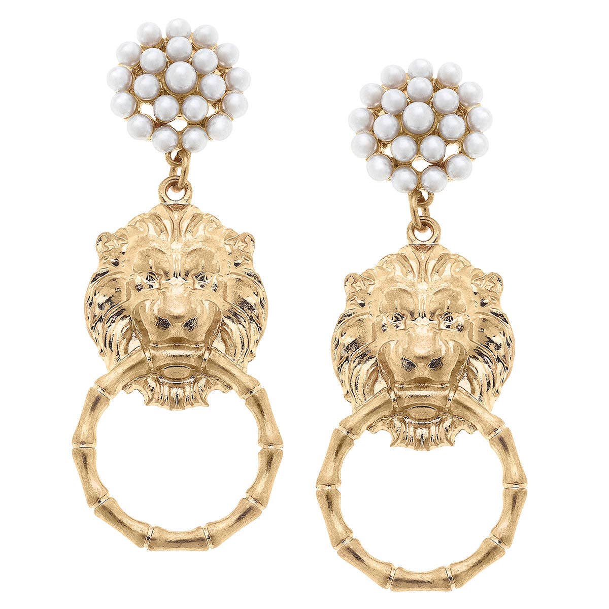 Deanna Pearl Cluster Lion Head Door Knocker Drop Earrings in Worn Gold - Boutique à la mode