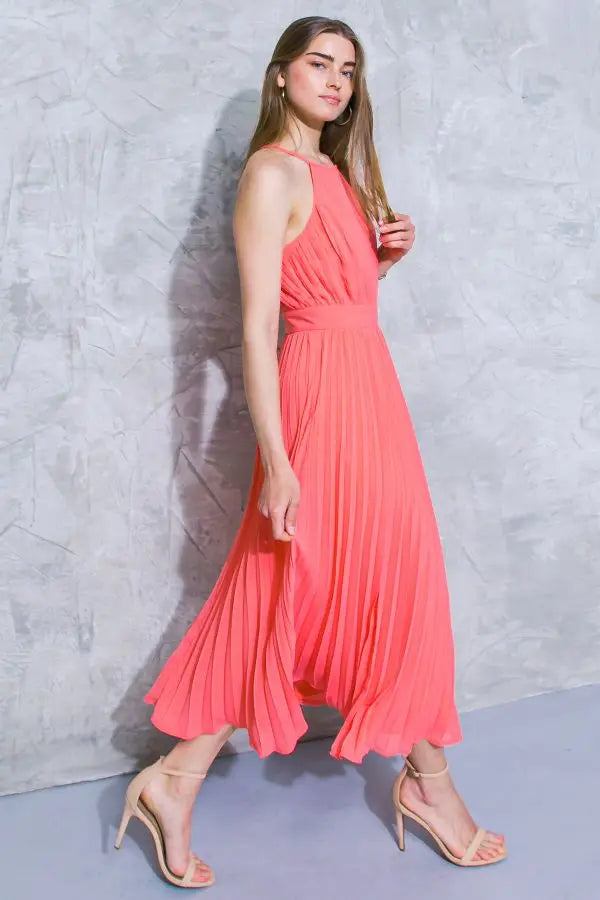 Coral Dreams High Neck Pleated Midi Dress